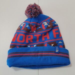 The North Face Beanie Pom Pom Blue Red Patterned Winter Hat
